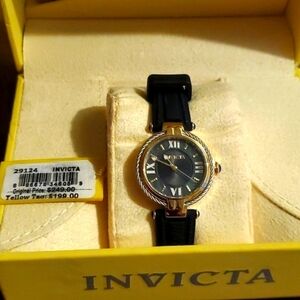 Invicta Women's Watch- Black Face, Gold Trim, Blue Accents, Black Band